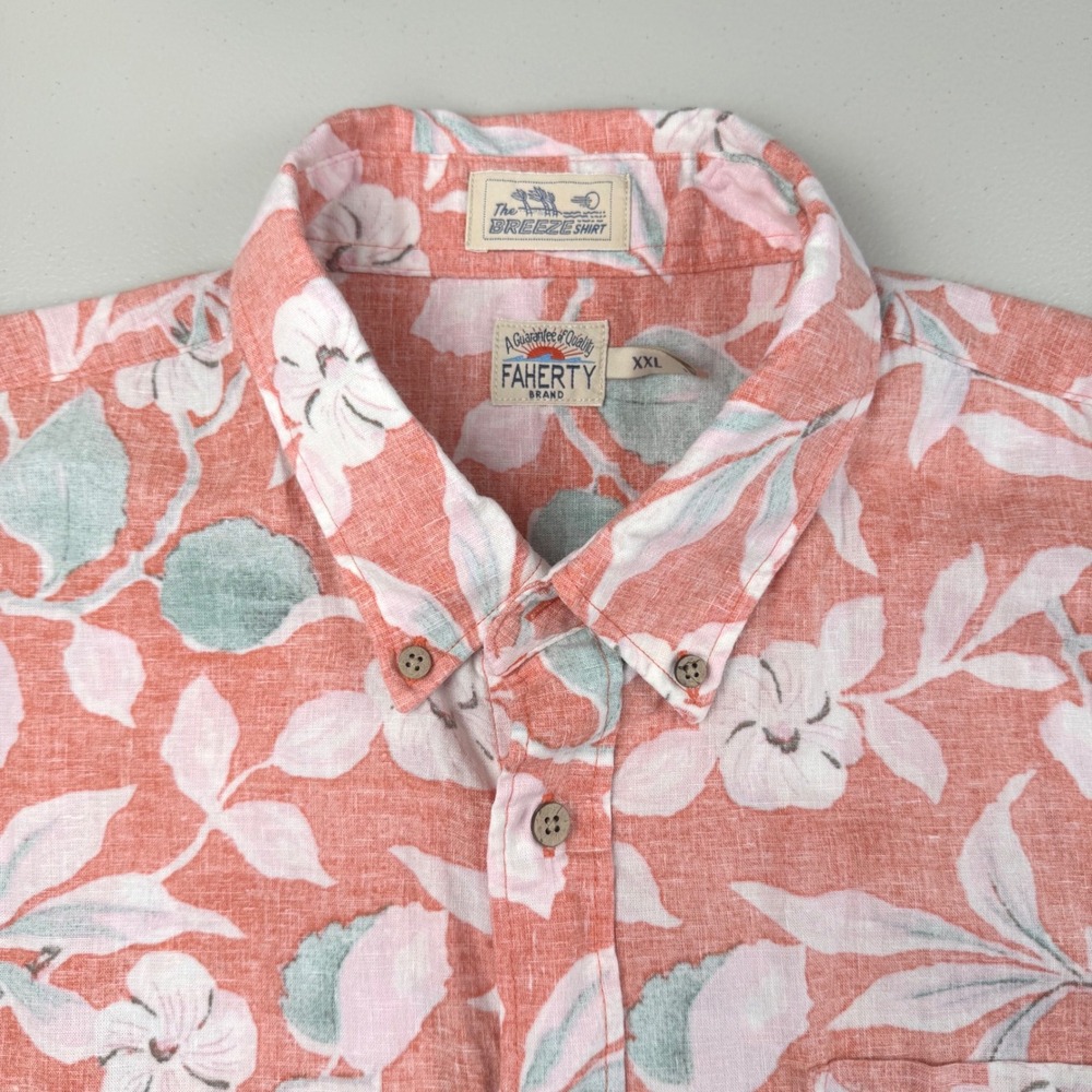 Faherty Brand The Breeze Shirt Mens XXL Orange Floral Linen Tencel Short Sleeve